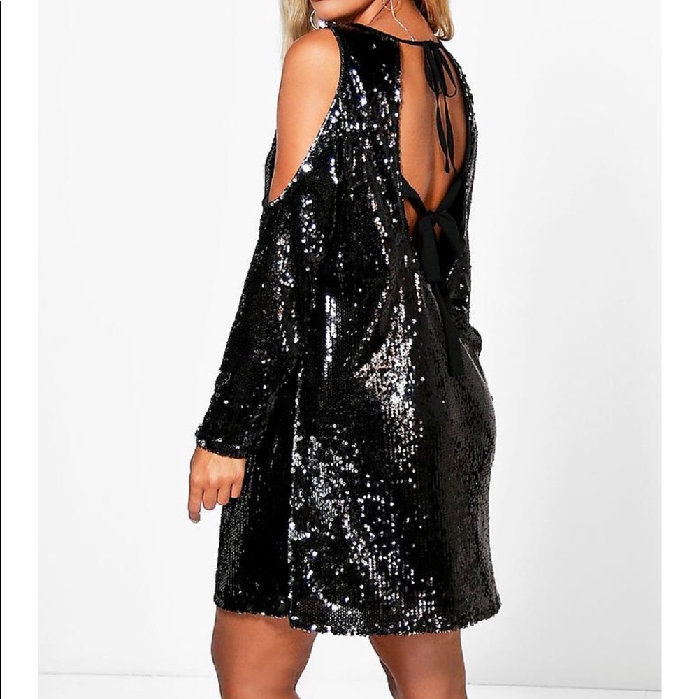 Black Sequin Cold-Shoulder Tie-Back Mini Dress